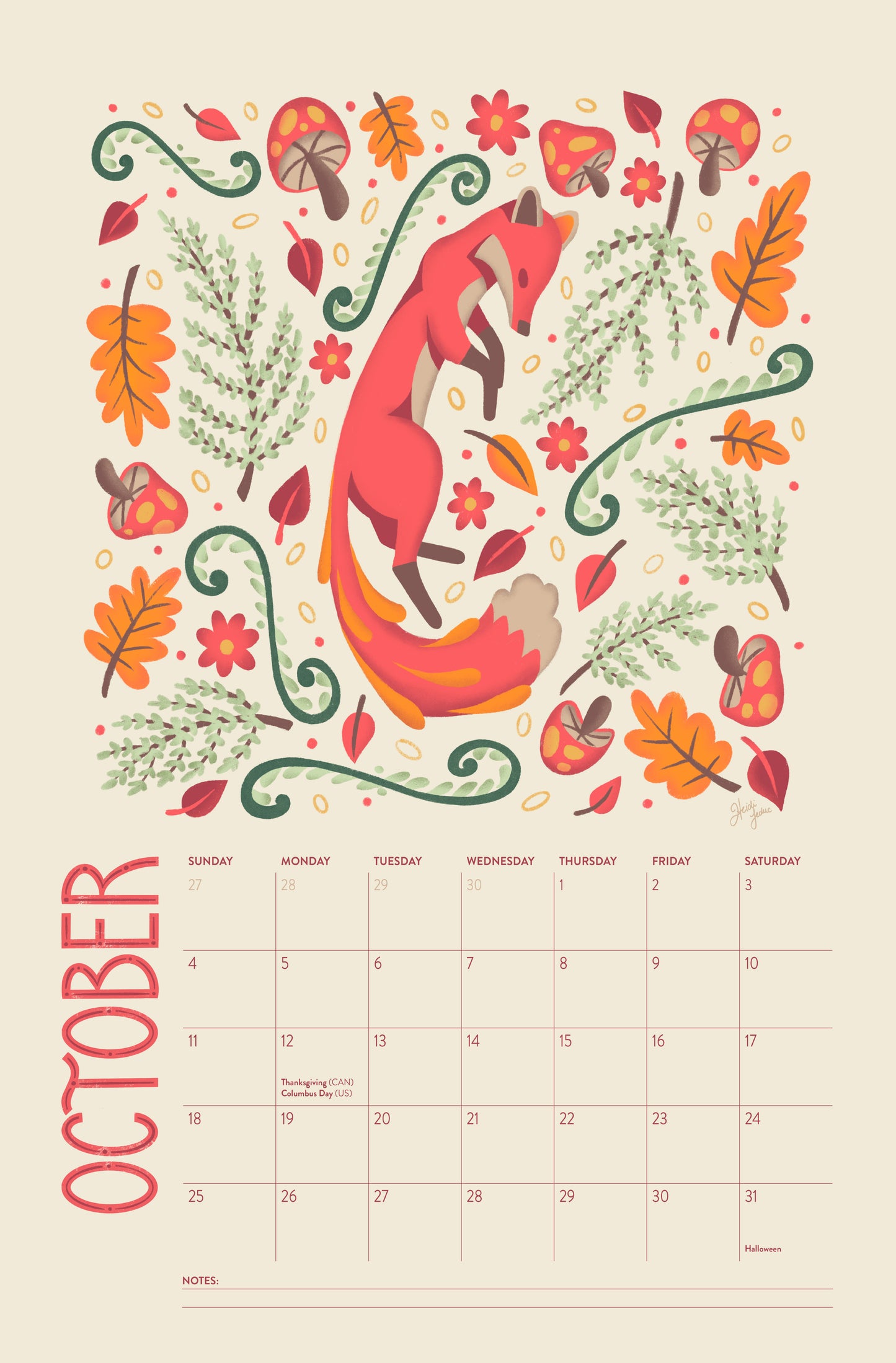 2026 wire-bound wall calendar hanging on a neutral wall, displaying colourful folk-art animal artwork and a clear monthly layout. Ideal for home offices, kitchens, studios, classrooms, or anyone looking for a decorative illustrated 2026 wall calendar with unique art