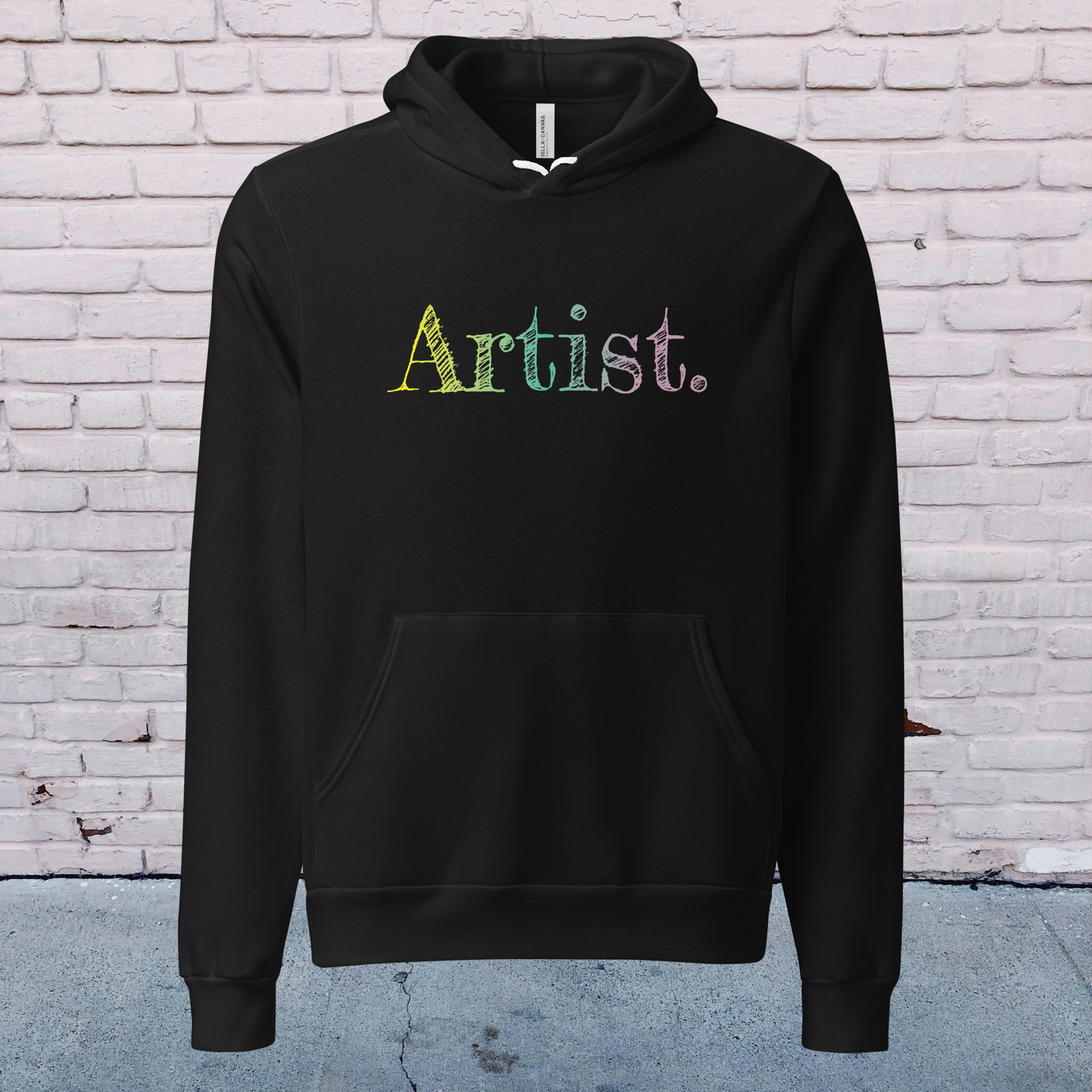 The black art hoodie is photographed on a ghost mannequin against a light lavender-purple background, highlighting the clean shape and unisex fit. The sketch-style gradient lettering in yellow, green and soft purple stands out against the black fabric, making it a stylish choice for artists, painters, designers and creatives. A cozy, aesthetic hoodie perfect for gifting or adding to an artistic wardrobe.