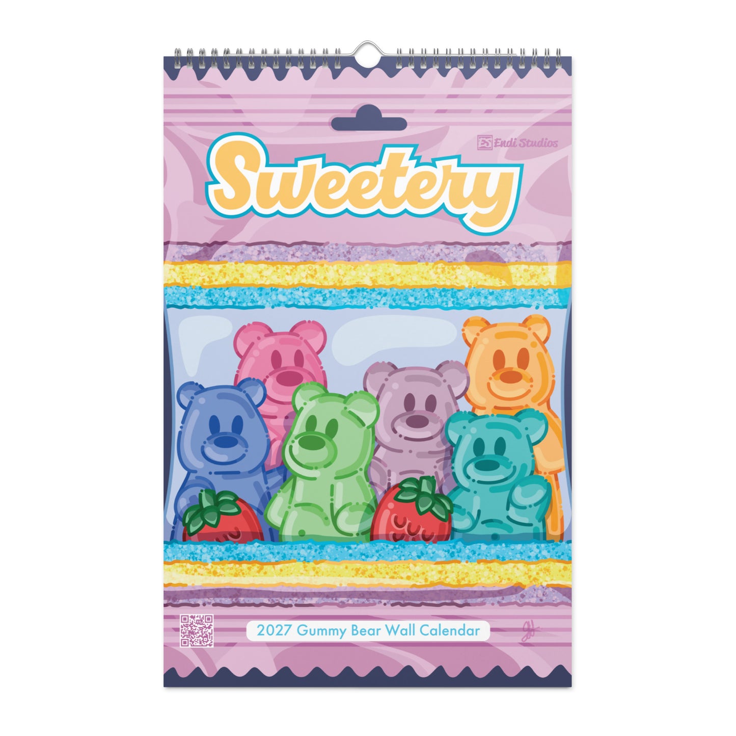 A spiral-bound 2027 gummy bear wall calendar titled 'Sweetery' by Endi Studios, featuring colorful cartoon gummy bears and strawberries on a pink wrapper design.