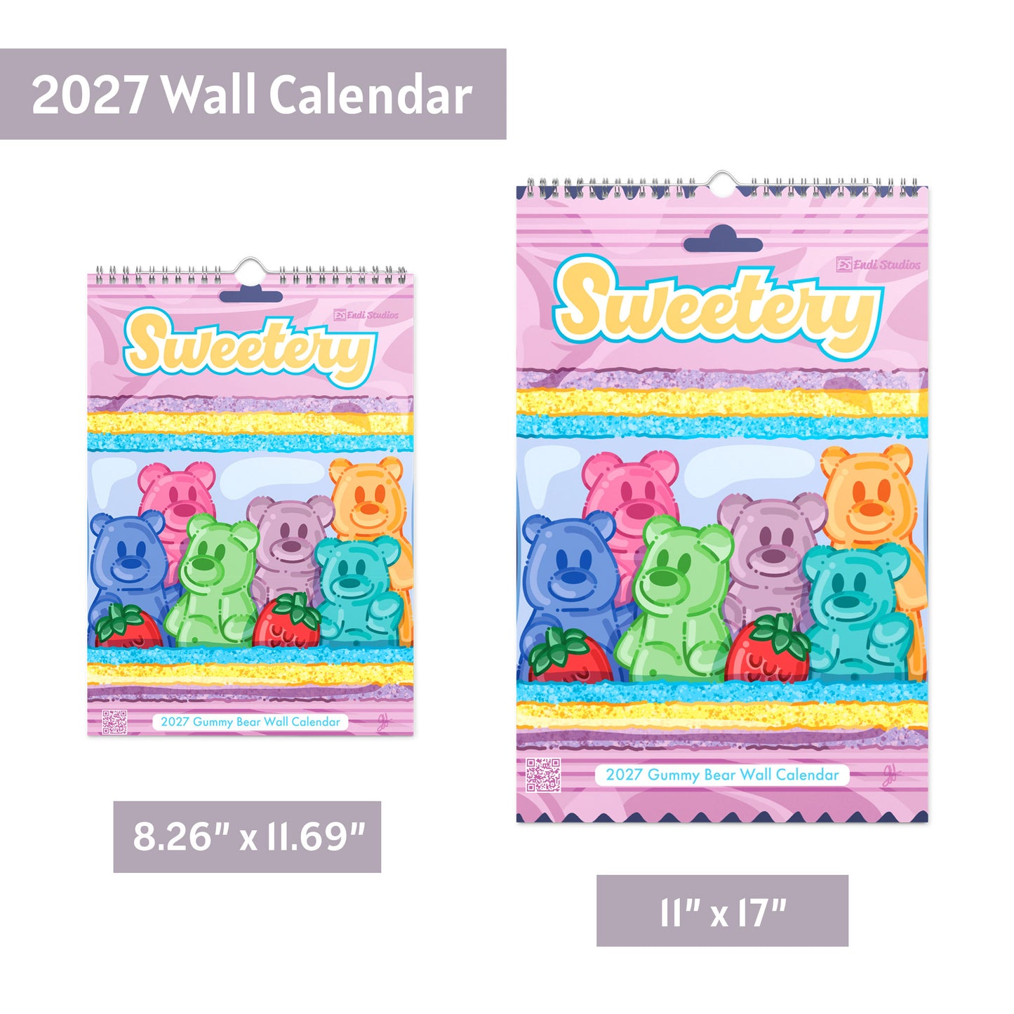 Two spiral-bound 2027 wall calendar pages shown on a white background, with text labels indicating sizes: 8.26" x 11.69" and 11x17"