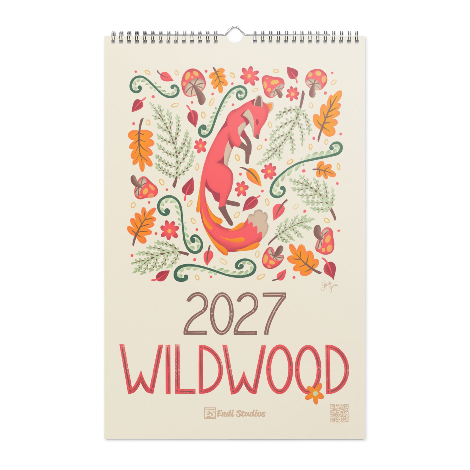 A 2027 wall calendar featuring colourful folk-art animal illustrations displayed in a flat lay. Wire-bound with premium thick paper, this illustrated monthly calendar showcases vibrant artwork for each month. Ideal for shoppers looking for a 2027 calendar, animal art calendar, home décor calendar, or unique artist-designed wall calendar.