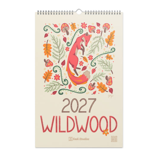 A 2027 wall calendar featuring colourful folk-art animal illustrations displayed in a flat lay. Wire-bound with premium thick paper, this illustrated monthly calendar showcases vibrant artwork for each month. Ideal for shoppers looking for a 2027 calendar, animal art calendar, home décor calendar, or unique artist-designed wall calendar.