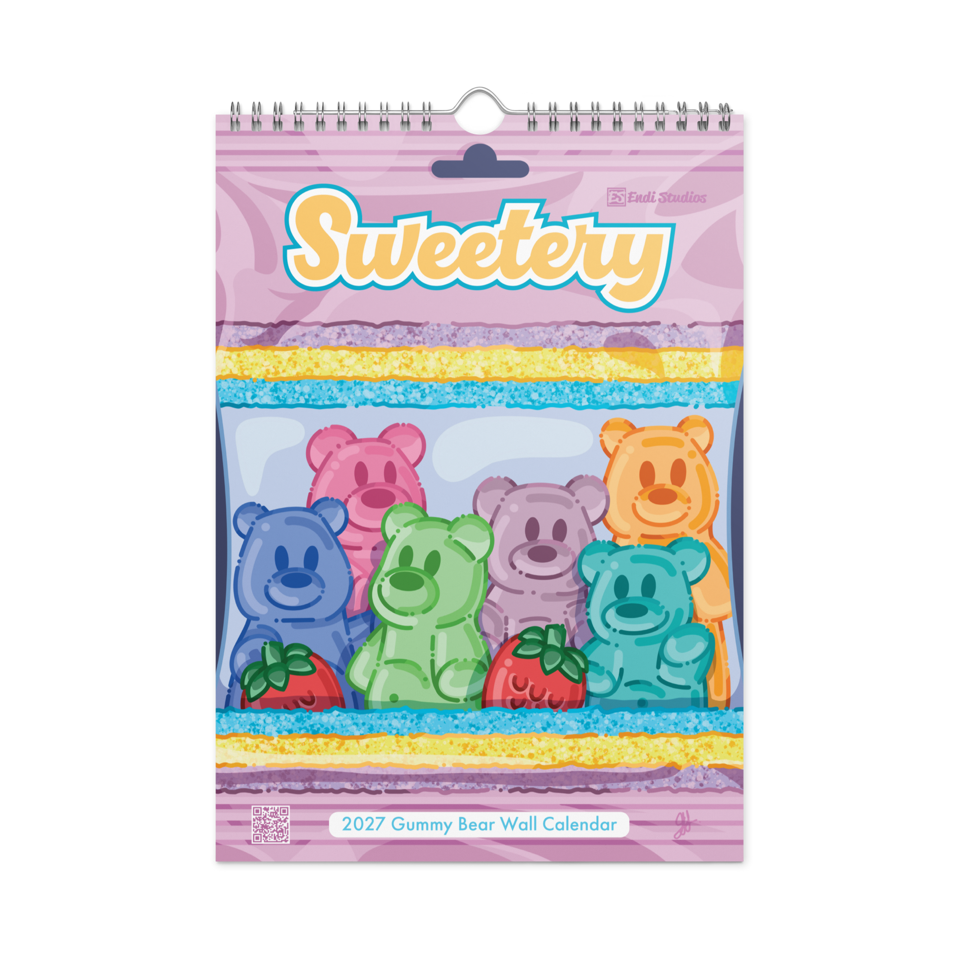 A spiral-bound 2027 gummy bear wall calendar titled 'Sweetery' by Endi Studios, featuring colorful cartoon gummy bears and strawberries on a pink and purple striped background.