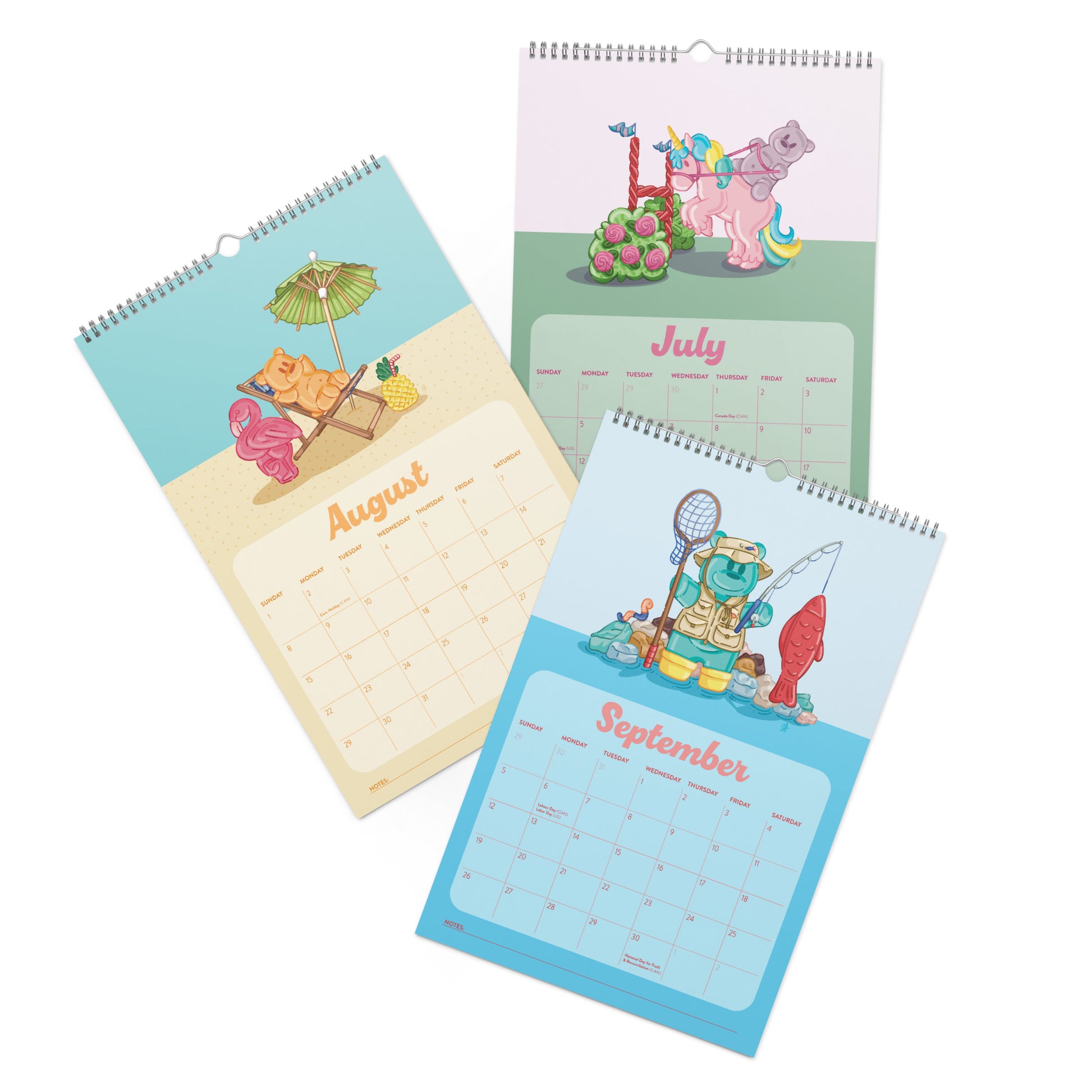 Three spiral-bound wall calendars shown overlapping on a white background, featuring pastel summer-themed illustrations for August, July, and September.