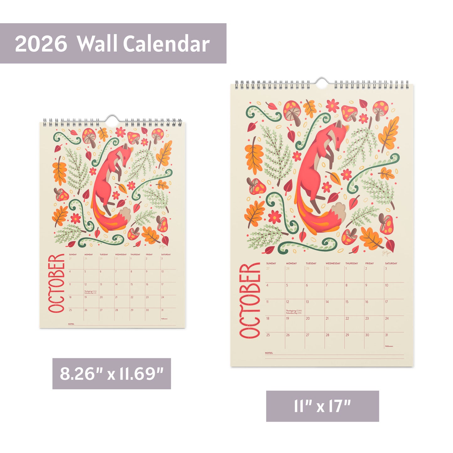 Image showing the two available sizes: 8.26" x 11.69" and 11" x 17". 2026 wire-bound wall calendar hanging on a neutral wall, displaying colourful folk-art animal artwork and a clear monthly layout. Ideal for home offices, kitchens, studios, classrooms, or anyone looking for a decorative illustrated 2026 wall calendar with unique art.