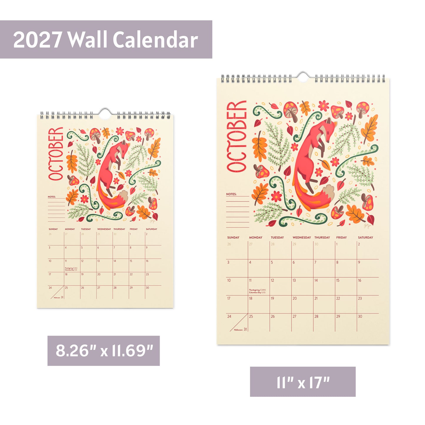 Two spiral-bound 2027 wall calendar pages shown on a white background, with text labels. Image showing the two available sizes: 8.26" x 11.69" and 11" x 17". 2027 wire-bound wall calendar hanging on a neutral wall, displaying colourful folk-art animal artwork and a clear monthly layout. Ideal for home offices, kitchens, studios, classrooms, or anyone looking for a decorative illustrated 2027 wall calendar with unique art.