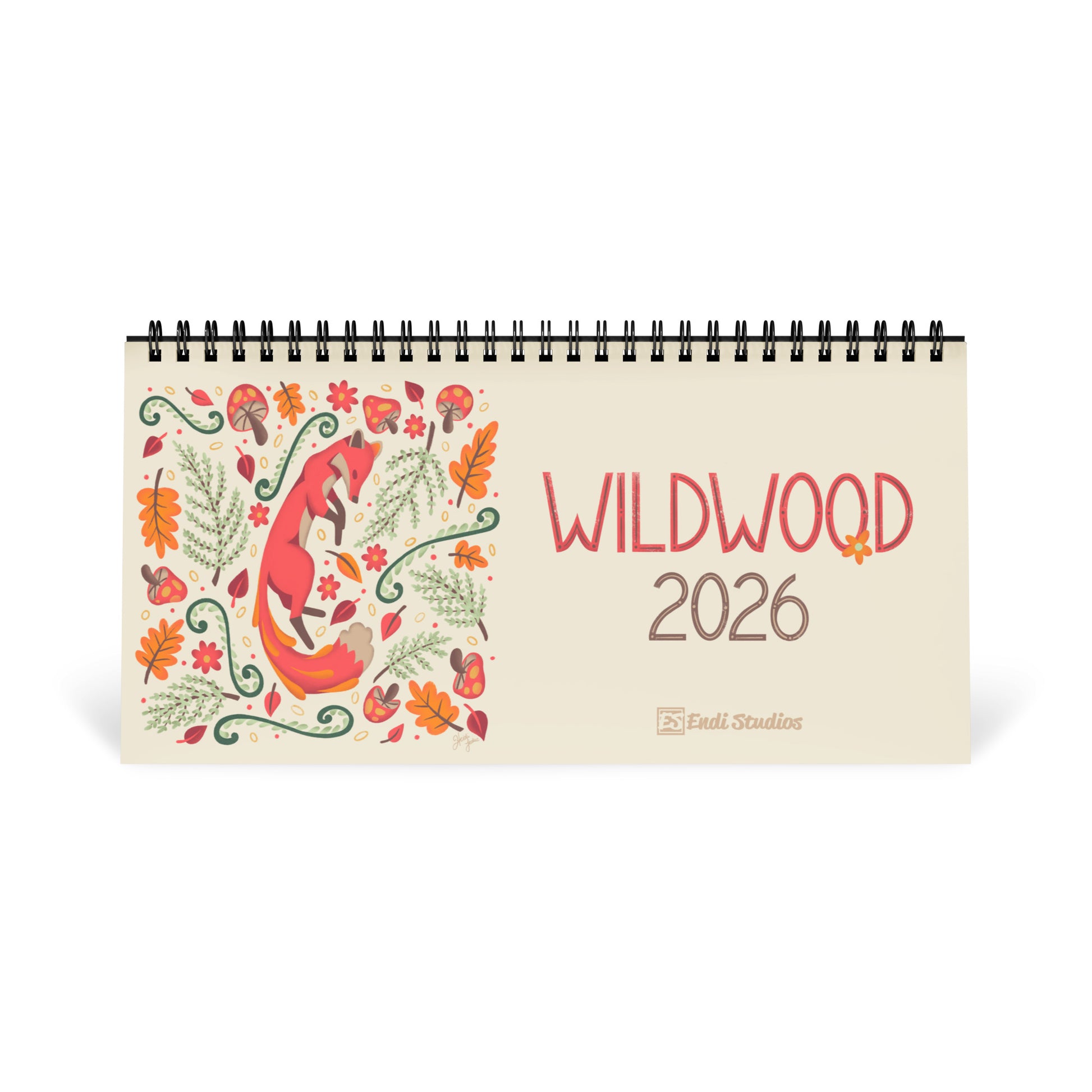 A freestanding 2026 desk calendar featuring a colourful folk-art animal illustration on the cover. Displayed on a sturdy table-top tent backing with black spiral binding, this compact desk calendar stands upright on its own. Printed on premium satin-finish paper, it adds a decorative yet functional touch to any workspace, home office, classroom, or studio. Ideal for buyers searching for a small 2026 desk calendar or cute animal art calendar.