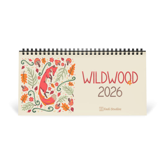 A freestanding 2026 desk calendar featuring a colourful folk-art animal illustration on the cover. Displayed on a sturdy table-top tent backing with black spiral binding, this compact desk calendar stands upright on its own. Printed on premium satin-finish paper, it adds a decorative yet functional touch to any workspace, home office, classroom, or studio. Ideal for buyers searching for a small 2026 desk calendar or cute animal art calendar.