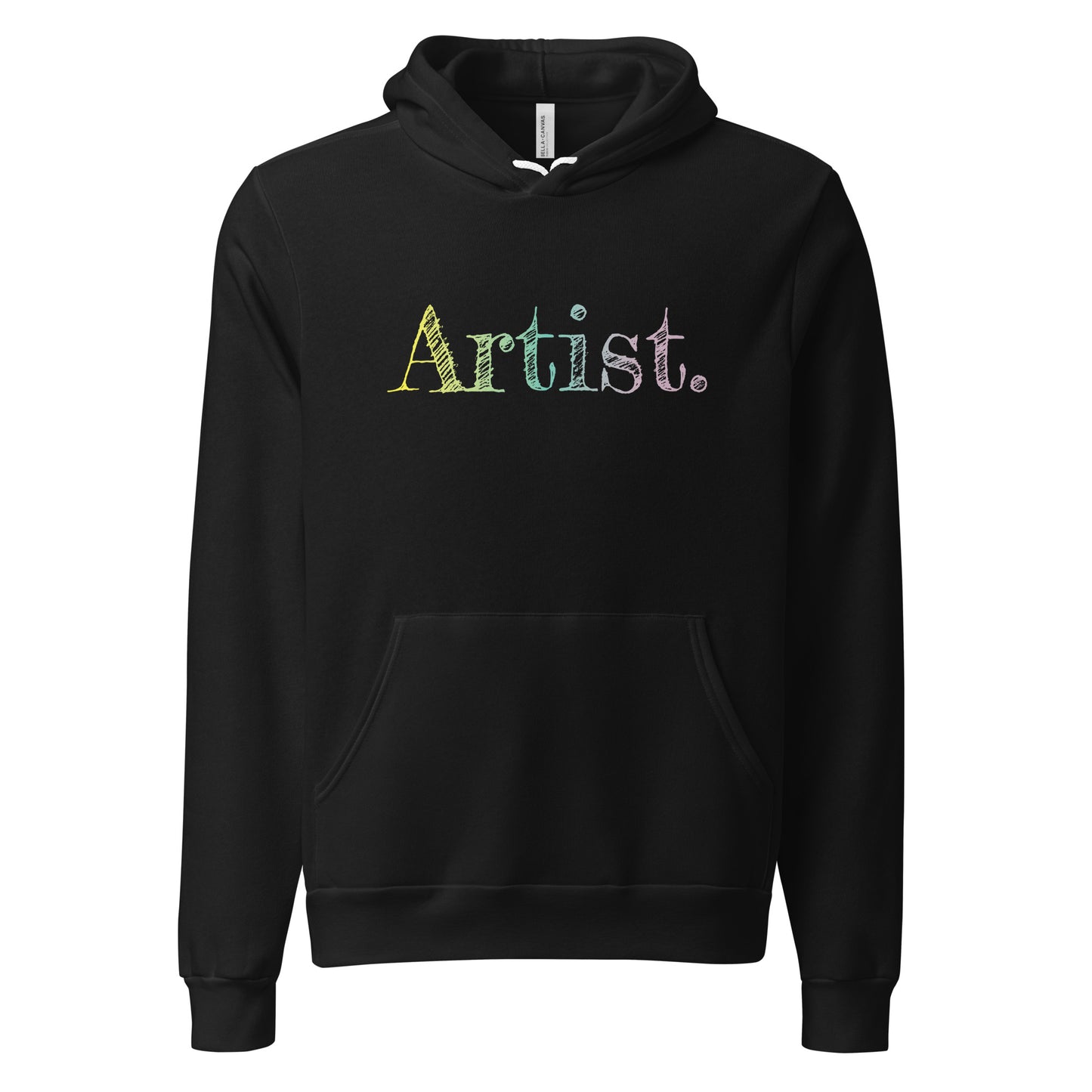 The black art hoodie is photographed on a ghost mannequin against a white background, highlighting the clean shape and unisex fit. The sketch-style gradient lettering in yellow, green and soft purple stands out against the black fabric, making it a stylish choice for artists, painters, designers and creatives. A cozy, aesthetic hoodie perfect for gifting or adding to an artistic wardrobe.