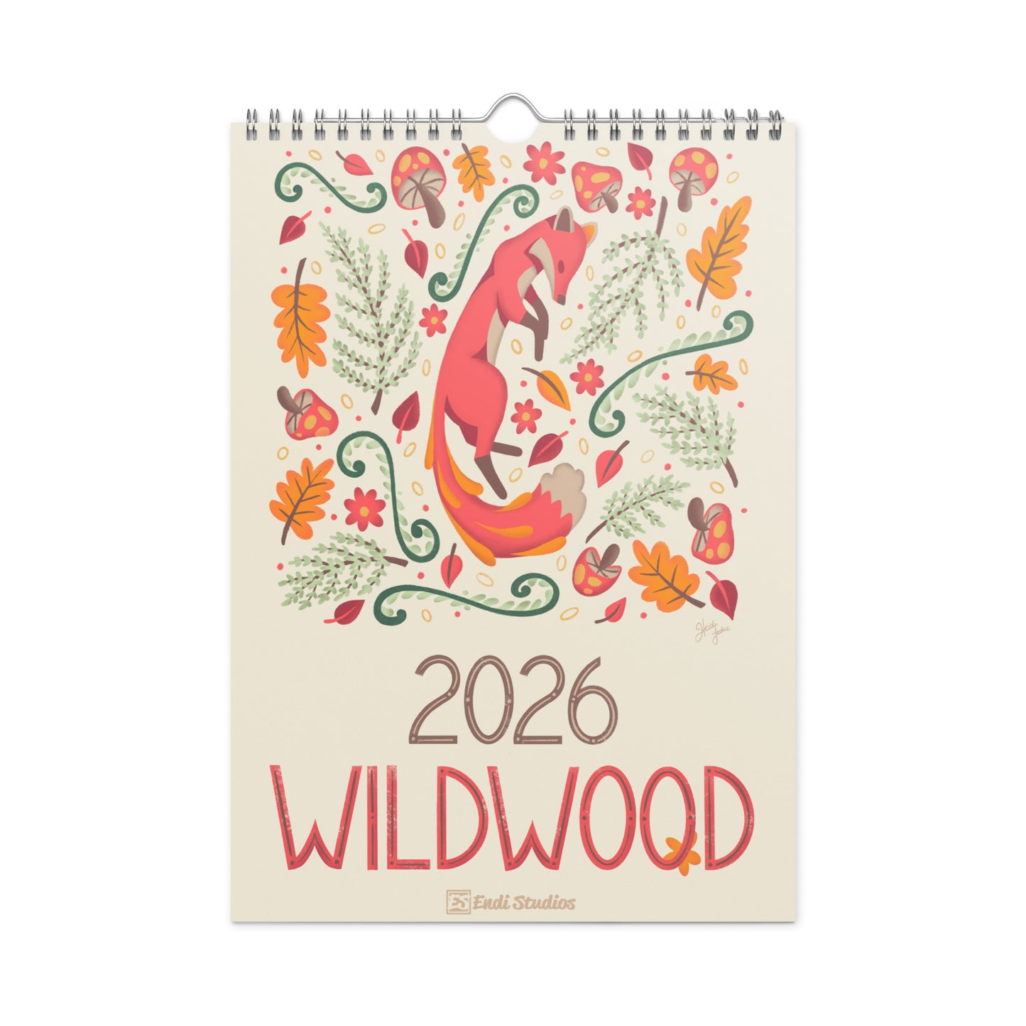 A 2026 wall calendar featuring colourful folk-art animal illustrations displayed in a flat lay. Wire-bound with premium thick paper, this illustrated monthly calendar showcases vibrant artwork for each month. Ideal for shoppers looking for a 2026 calendar, animal art calendar, home décor calendar, or unique artist-designed wall calendar.